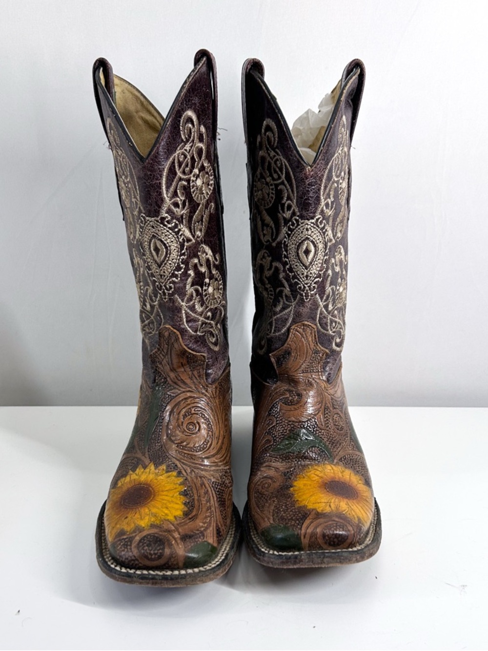 Vintage Old Corral Boho Sunflower Hand-Tooled Leather Western Cowboy Boots 6.5-7 - Picture 5 of 8